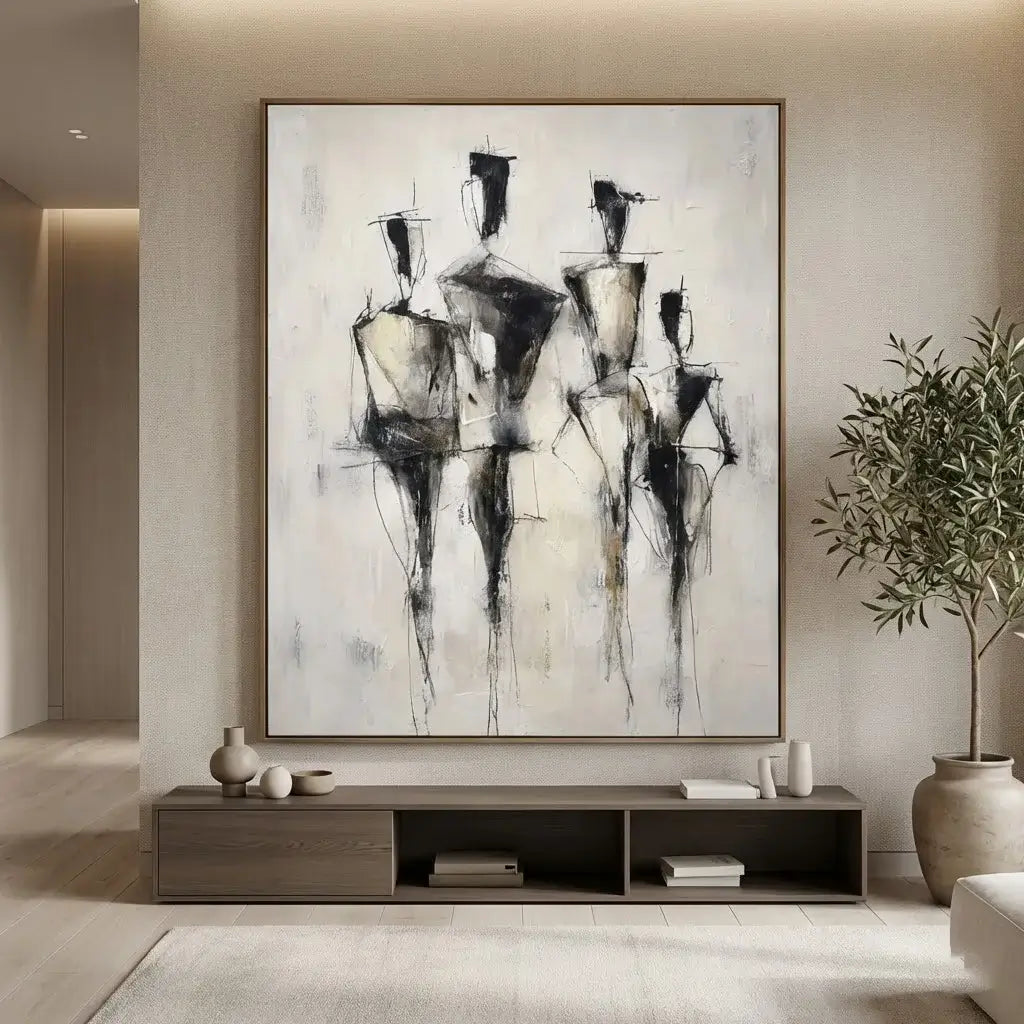 Abstract art piece in a modern living room setting with a console table and plant.