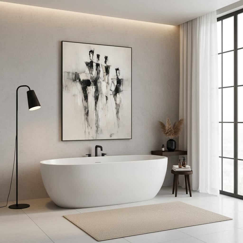 Modern bathroom with a freestanding bathtub, floor lamp, and abstract art on the wall.