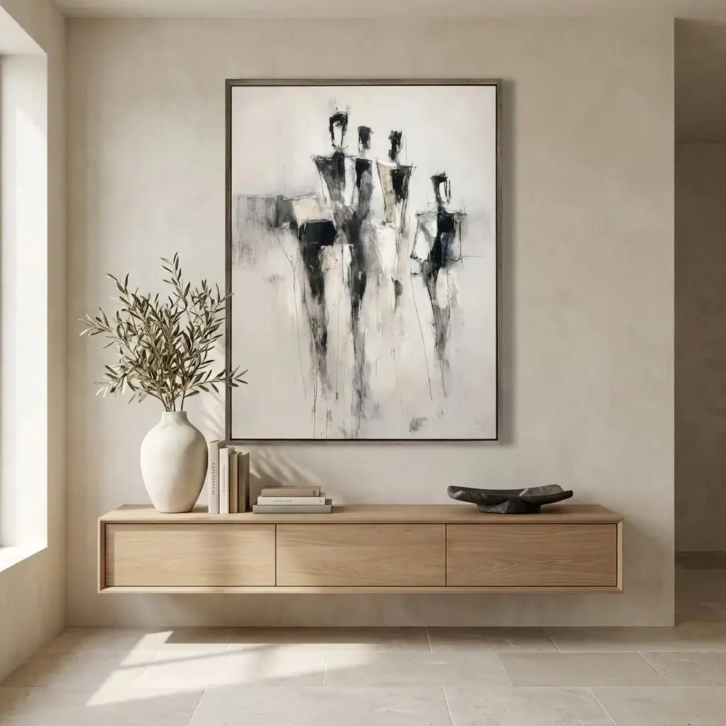 Modern interior with abstract painting and wooden console table.