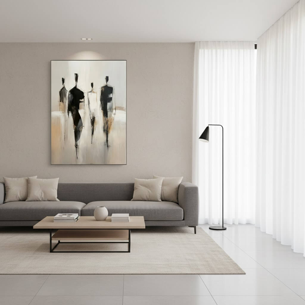 Modern living room with a gray sofa, coffee table, and abstract art on the wall.