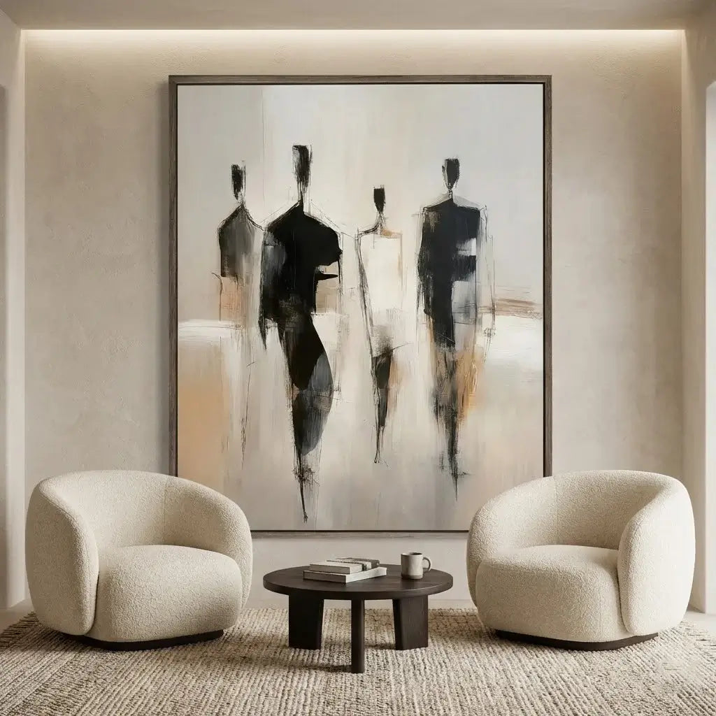 Modern living room with two armchairs and a coffee table, featuring a large abstract painting on the wall.