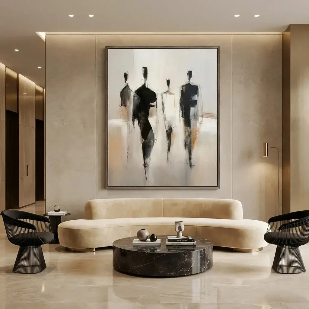 Modern living room with a beige sofa, marble coffee table, and abstract art on the wall.