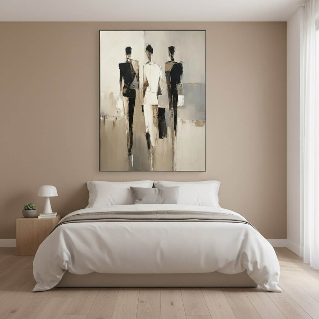 Modern bedroom with a bed and abstract art on the wall