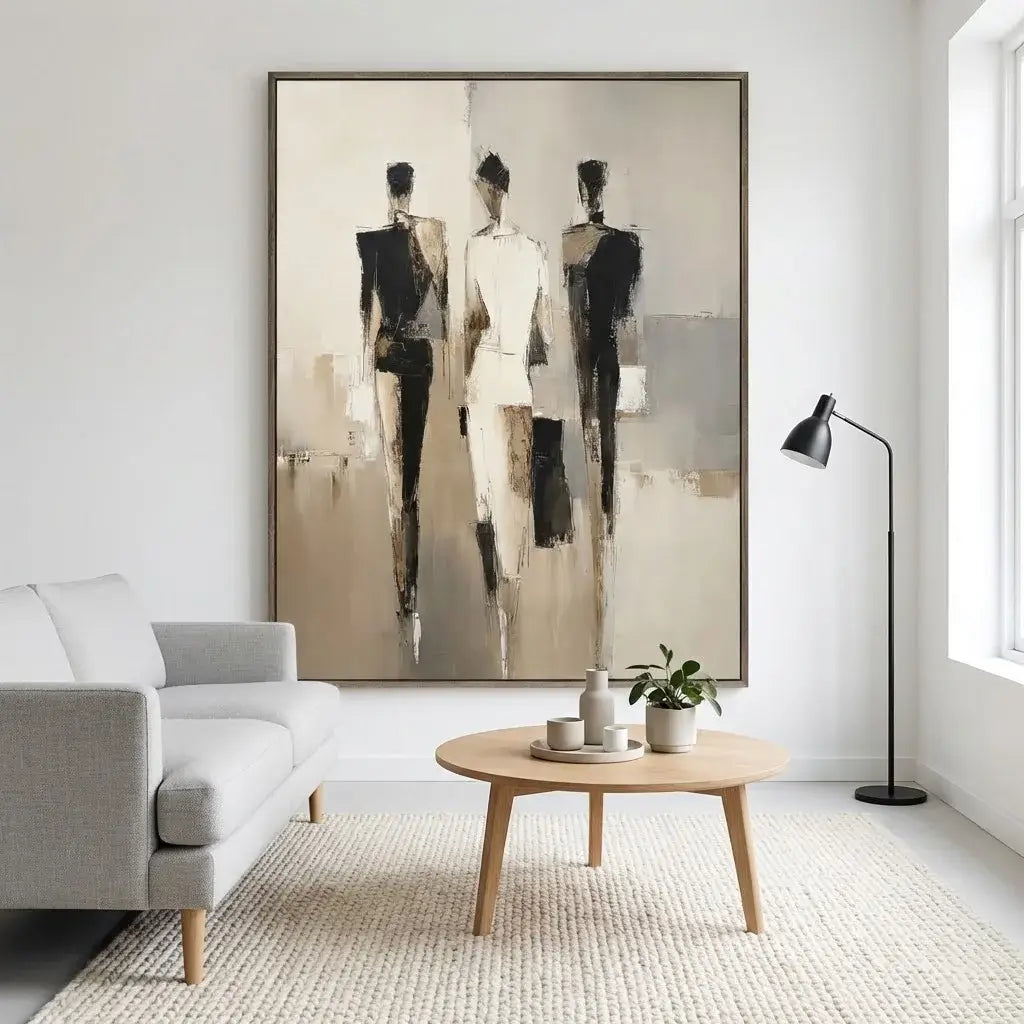 Abstract art piece in a modern living room setting with a sofa and coffee table.