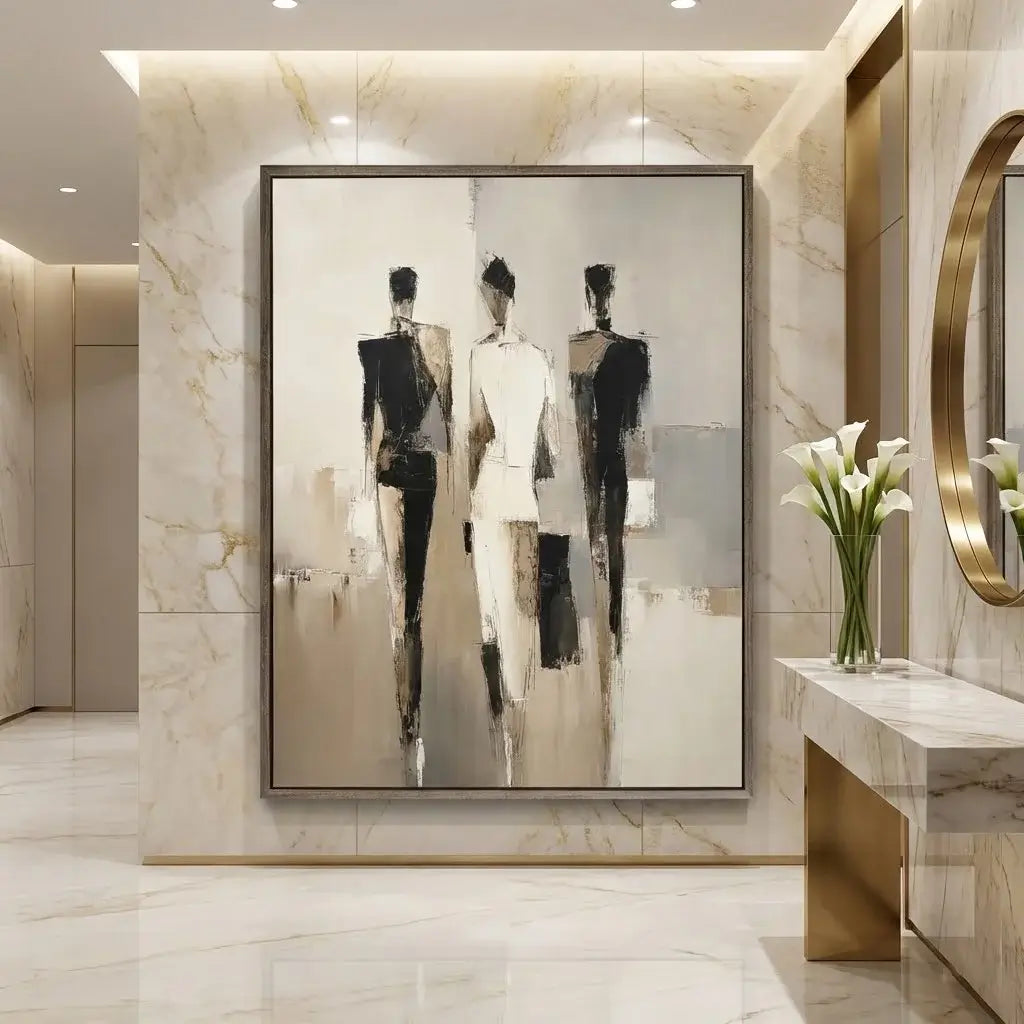 Abstract art of three figures in a modern interior setting with marble walls and a vase of flowers.