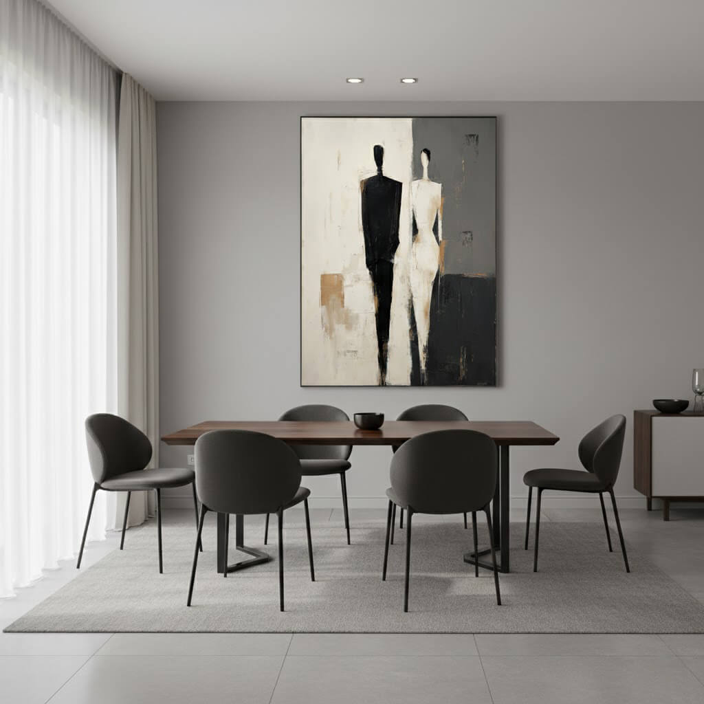 Modern dining room with a wooden table and gray chairs, featuring a large abstract painting on the wall.