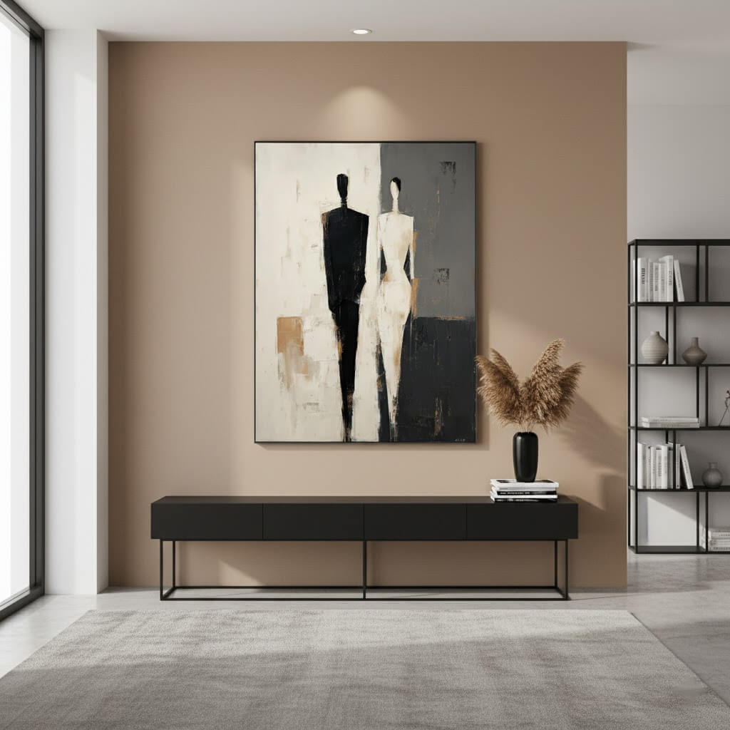 Modern interior with a black bench, abstract painting, and decorative items on a beige wall.