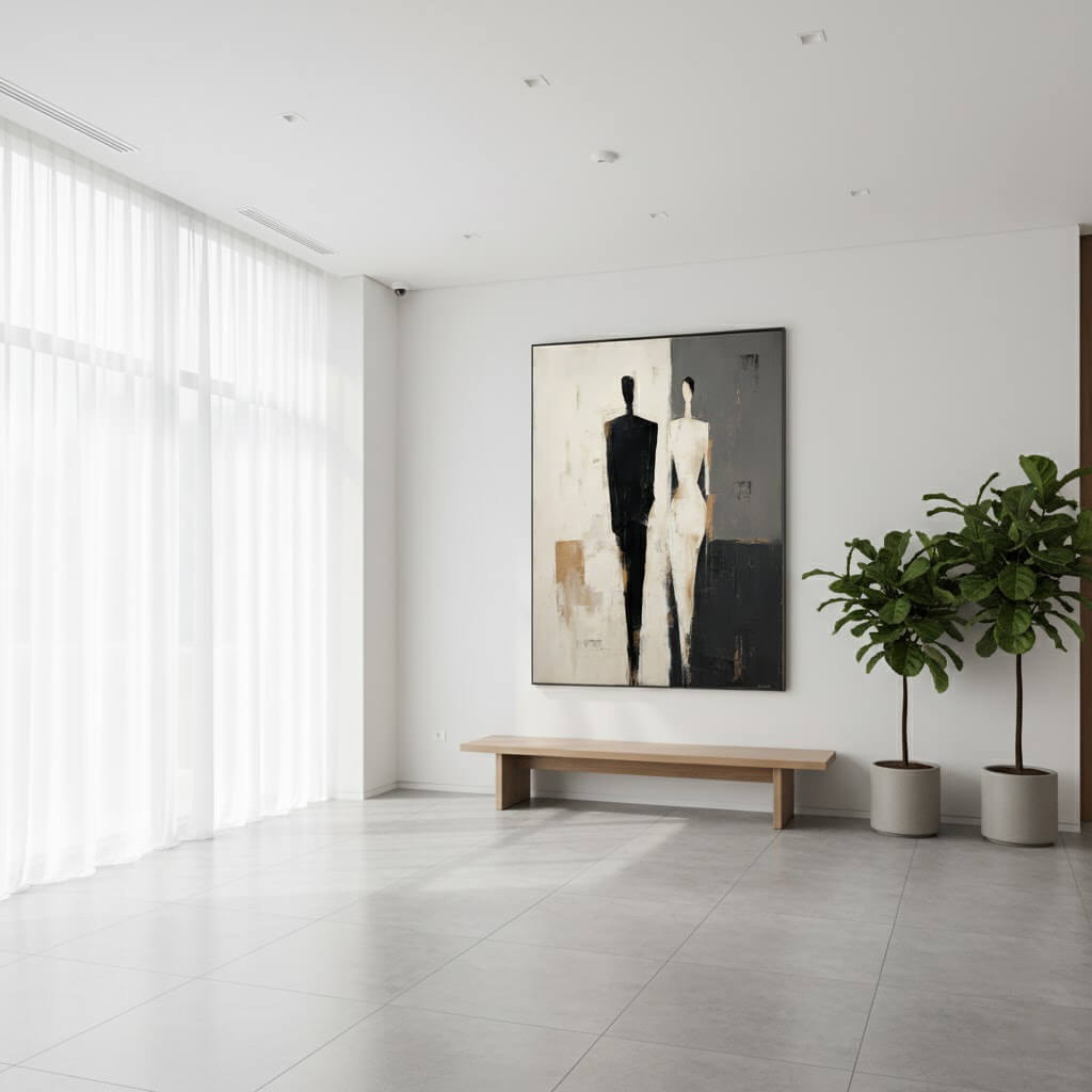 Modern interior with a painting of two figures, a bench, and potted plants.