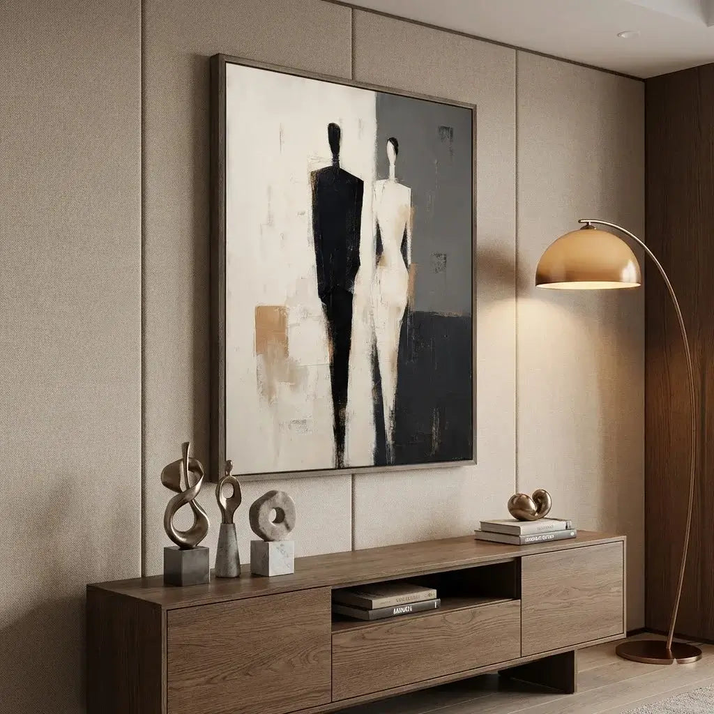 Modern interior with a wooden console table, abstract painting, and decorative items.