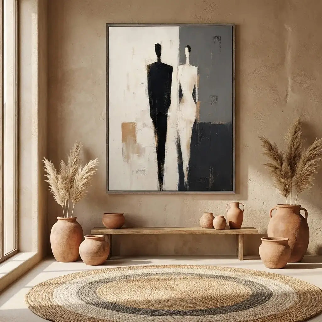 Nestled living room with abstract art, potted plants, and a woven rug.