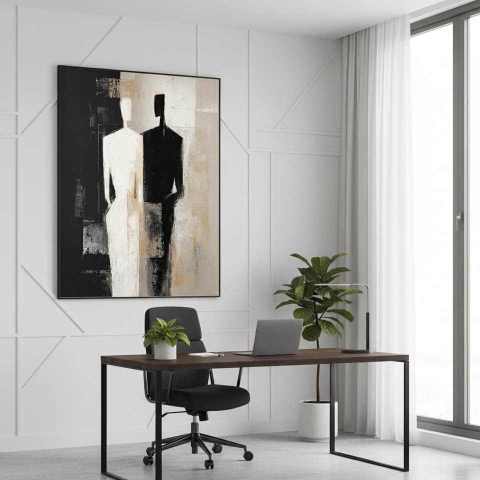 Modern office setup with a desk, chair, and abstract art on a white wall.