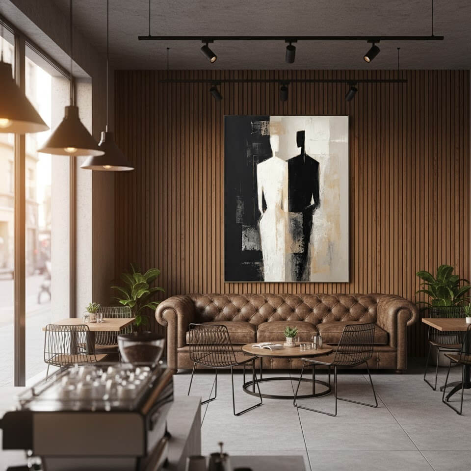 Modern living room with brown leather sofa, coffee table, and wall art.