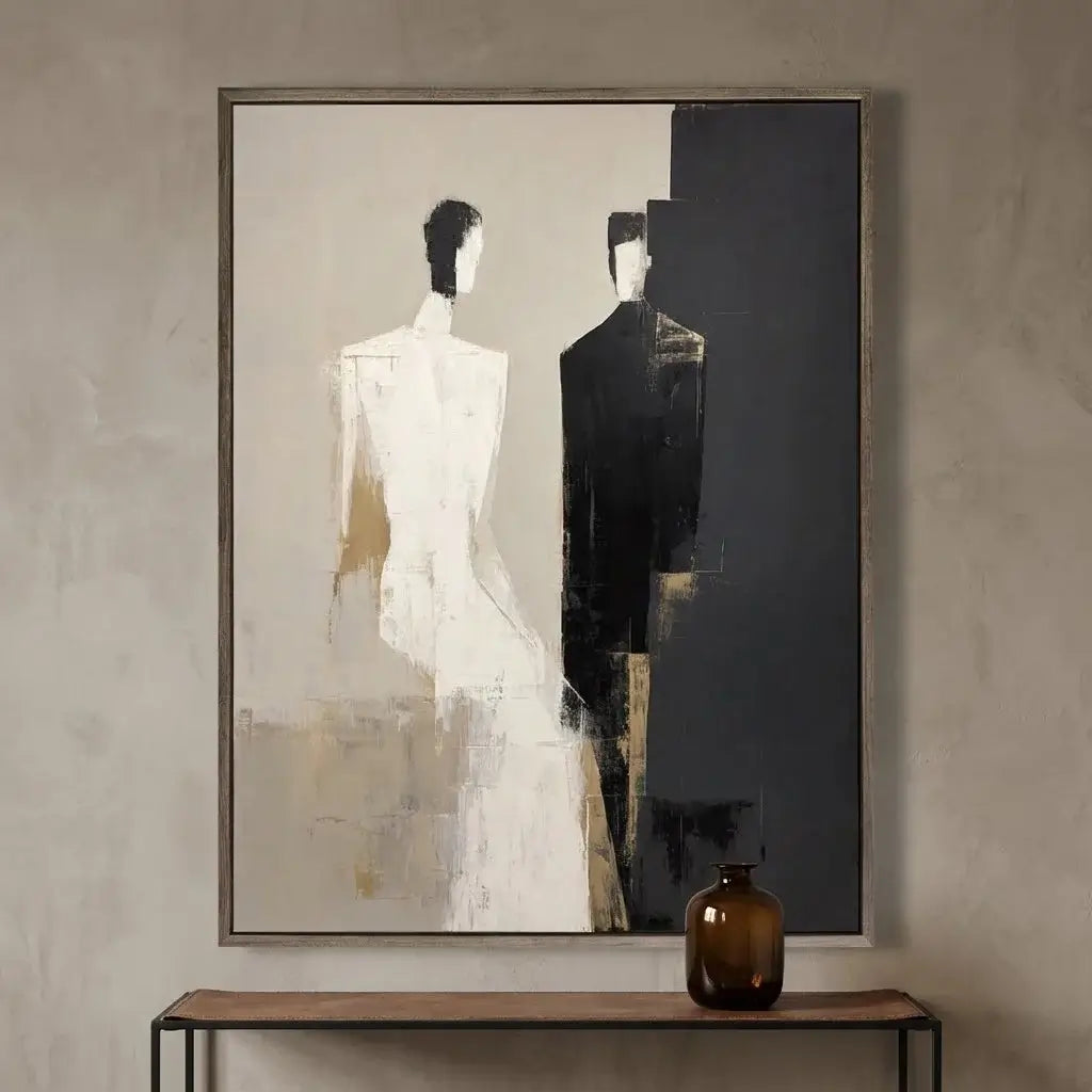 Abstract art of two figures in a modern interior setting with a vase on a table.