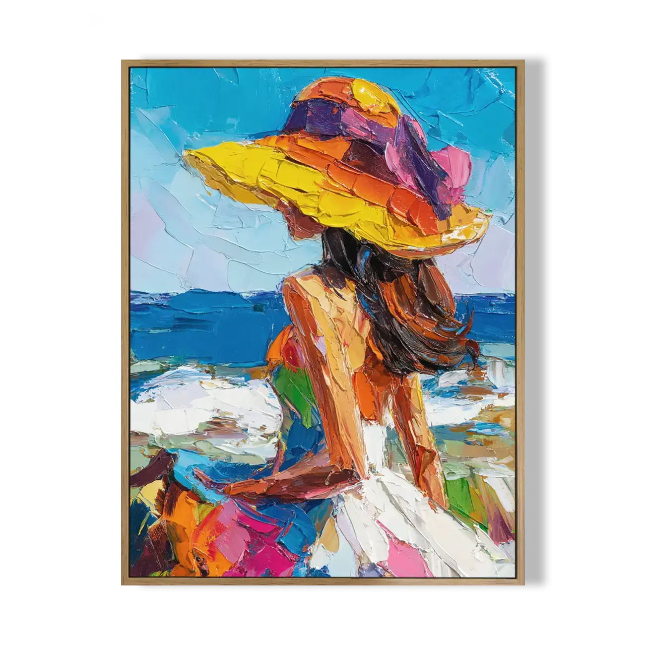 Colorful abstract painting of a woman with a large hat against a blue sky.