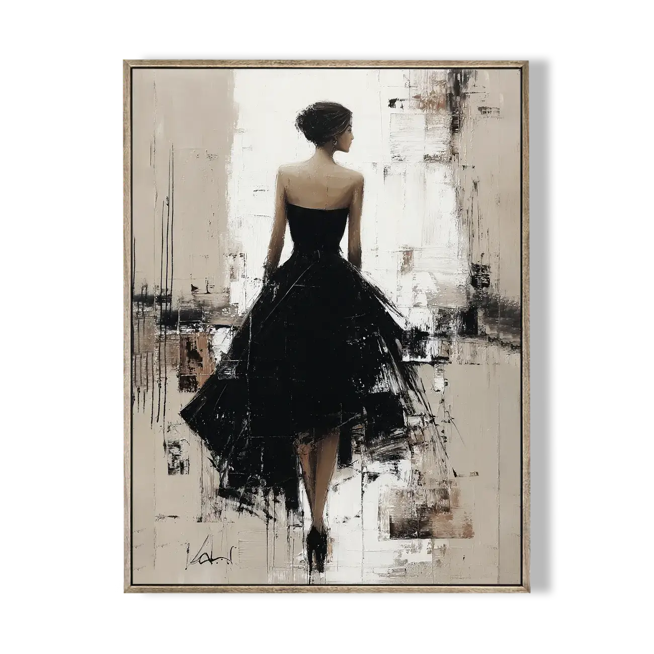 Framed artwork of a woman in a black dress on an abstract background