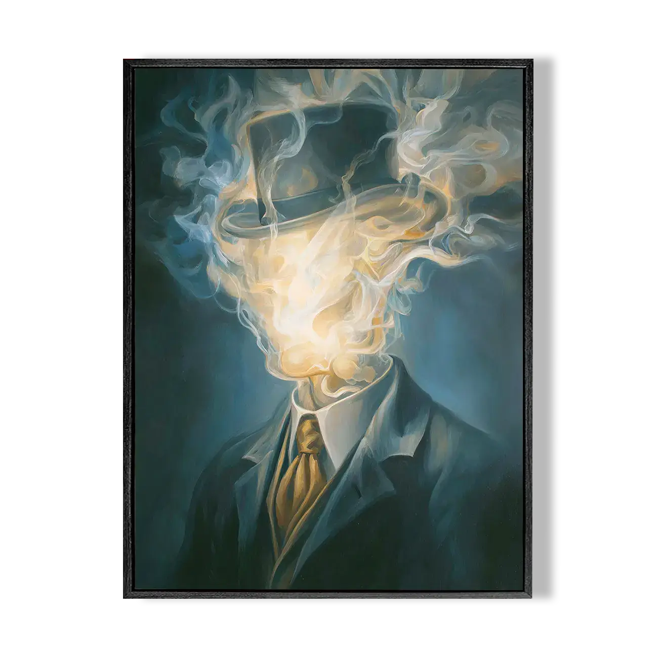 Framed artwork of a person in a suit with smoke emerging from their head on a white background