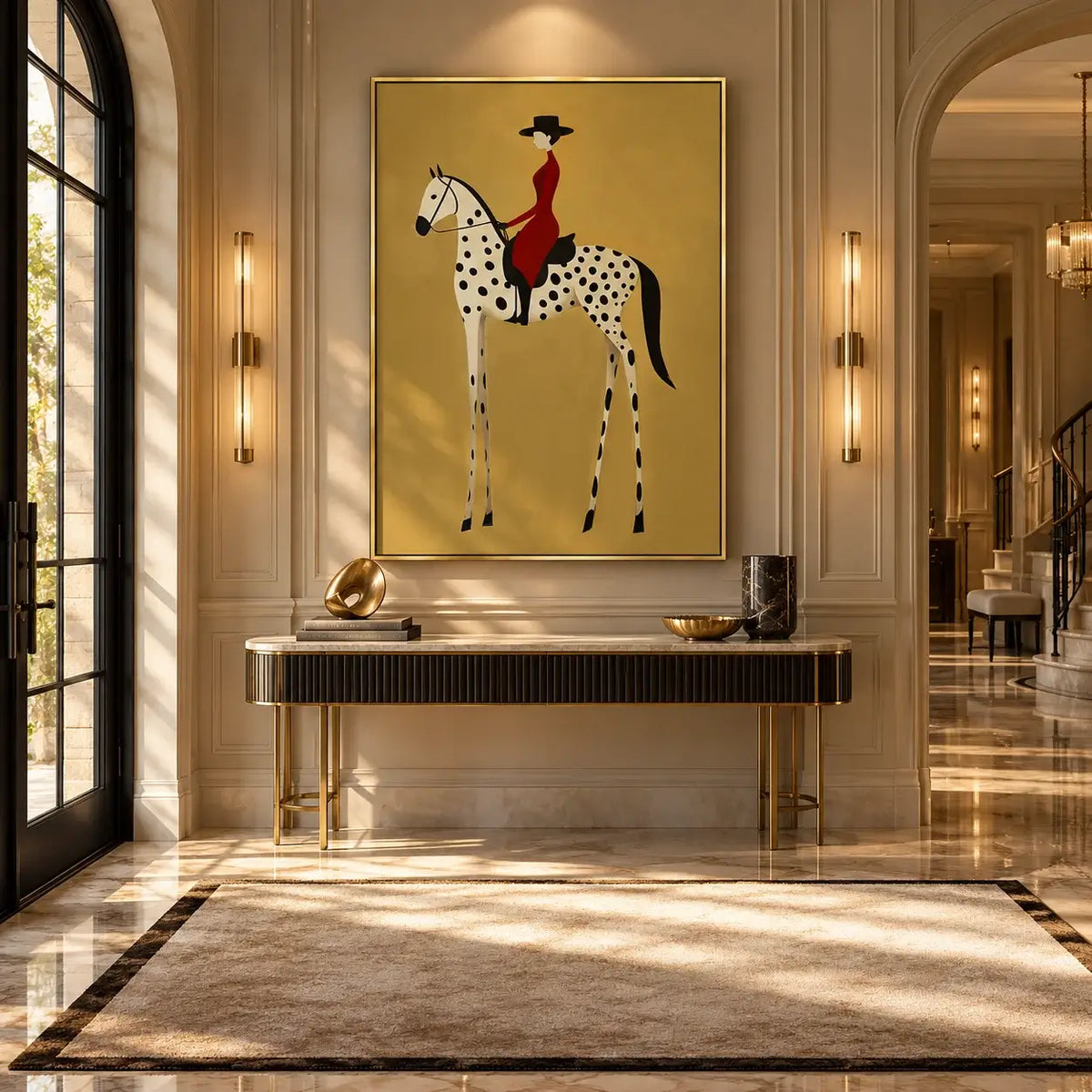 Woman in Red on Dalmatian Horse