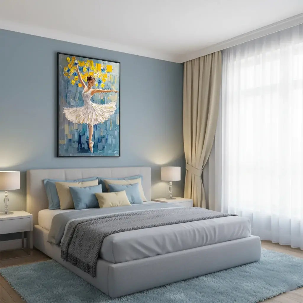 Modern bedroom with a bed, nightstands, and a painting of a dancer on the wall.