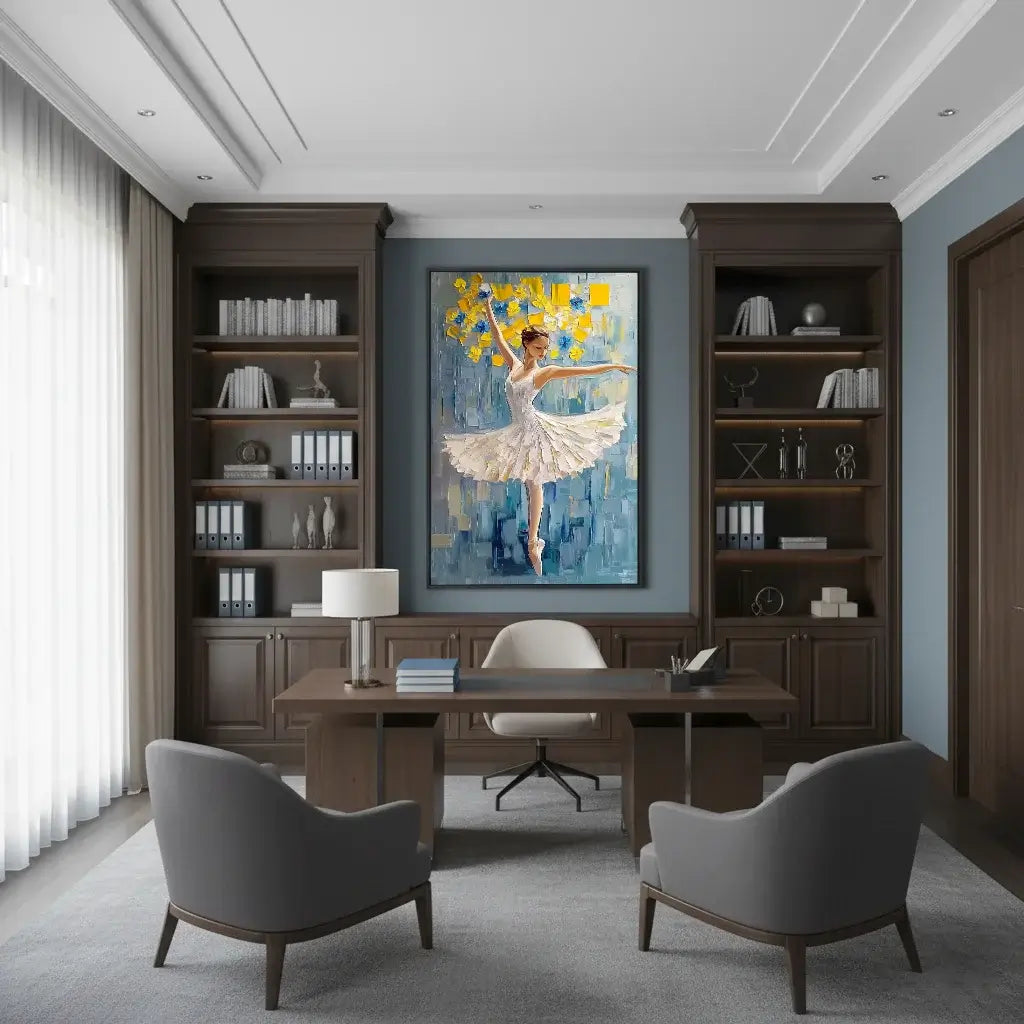 Modern office interior with bookshelves, a desk, and a ballet-themed painting.