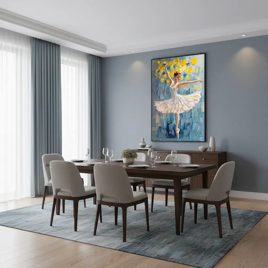 Dining room with a wooden table and chairs, a large abstract painting on the wall, and a blue rug.