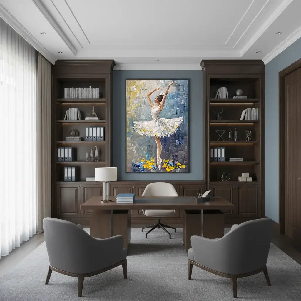 Modern office interior with bookshelves, a desk, and a ballet-themed painting.
