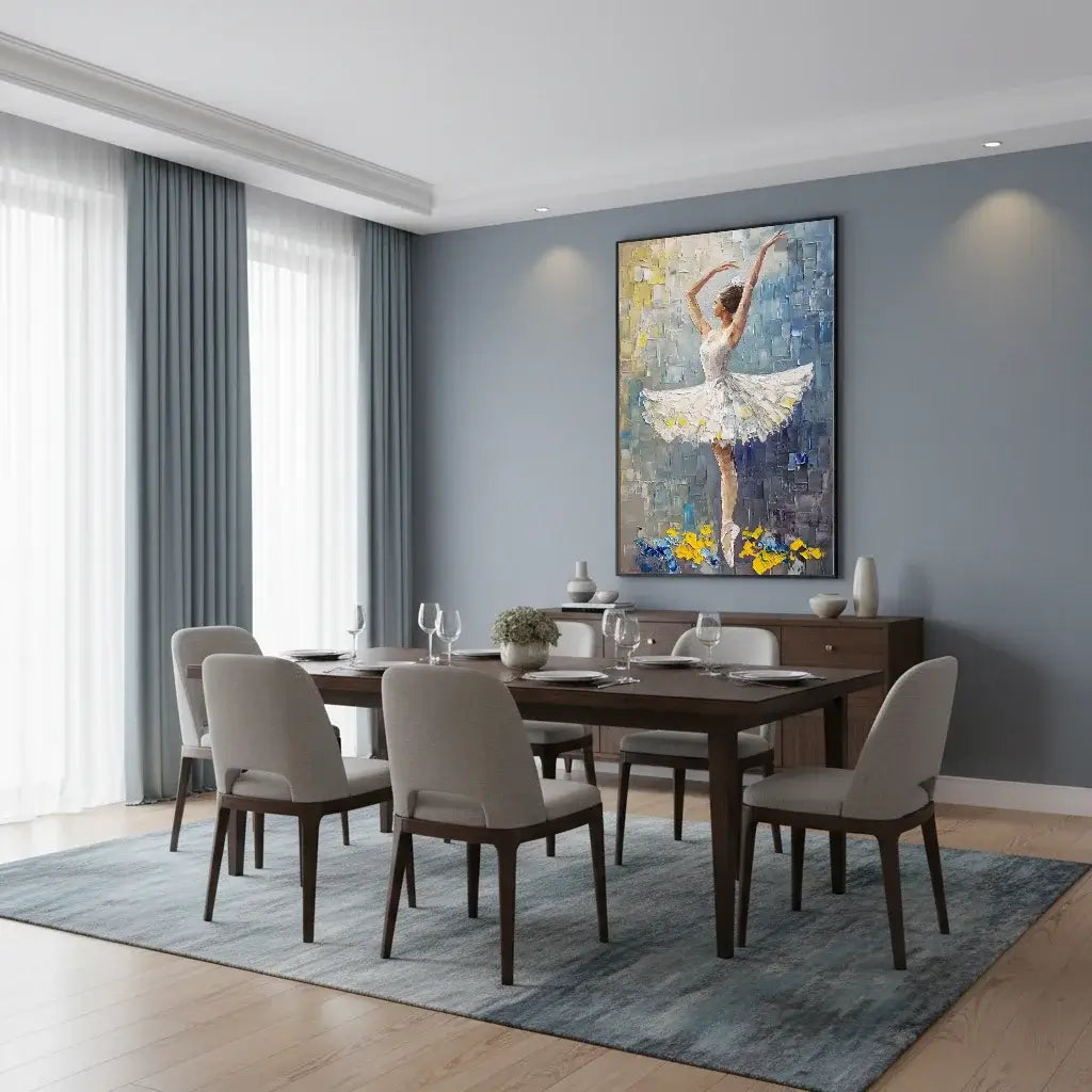 Dining room with a large abstract painting of a dancer on the wall.