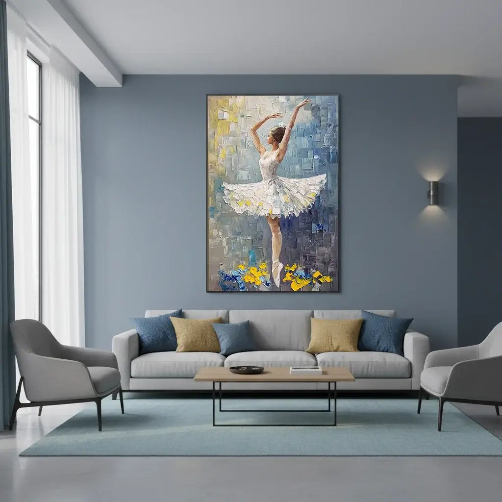 Modern living room with a painting of a ballerina on a blue wall.
