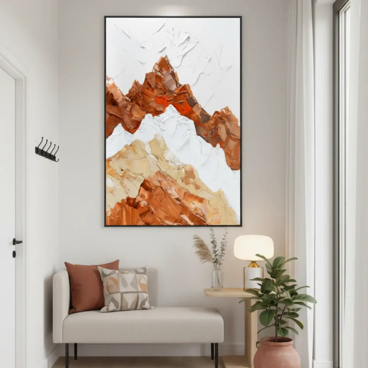 Abstract mountain painting in a modern living room setting
