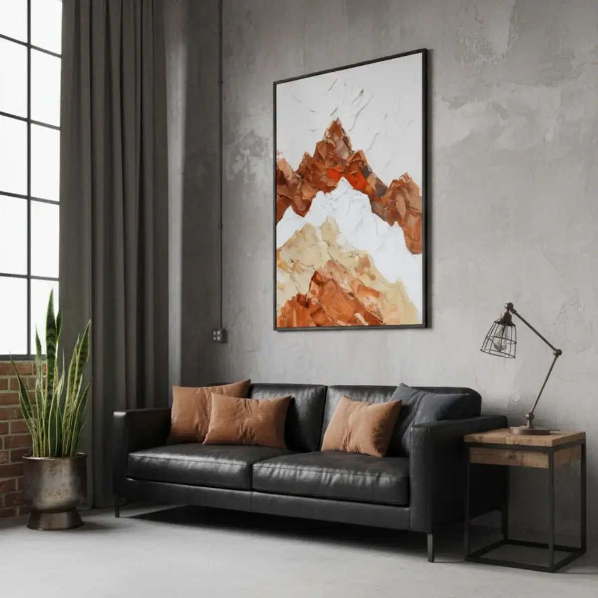 Modern living room with a black sofa, abstract mountain painting, and a lamp.