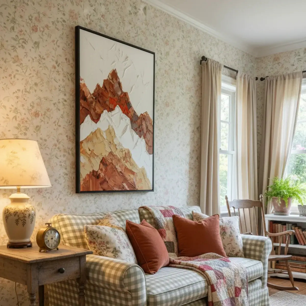Living room with floral wallpaper, checkered sofa, and abstract mountain art.