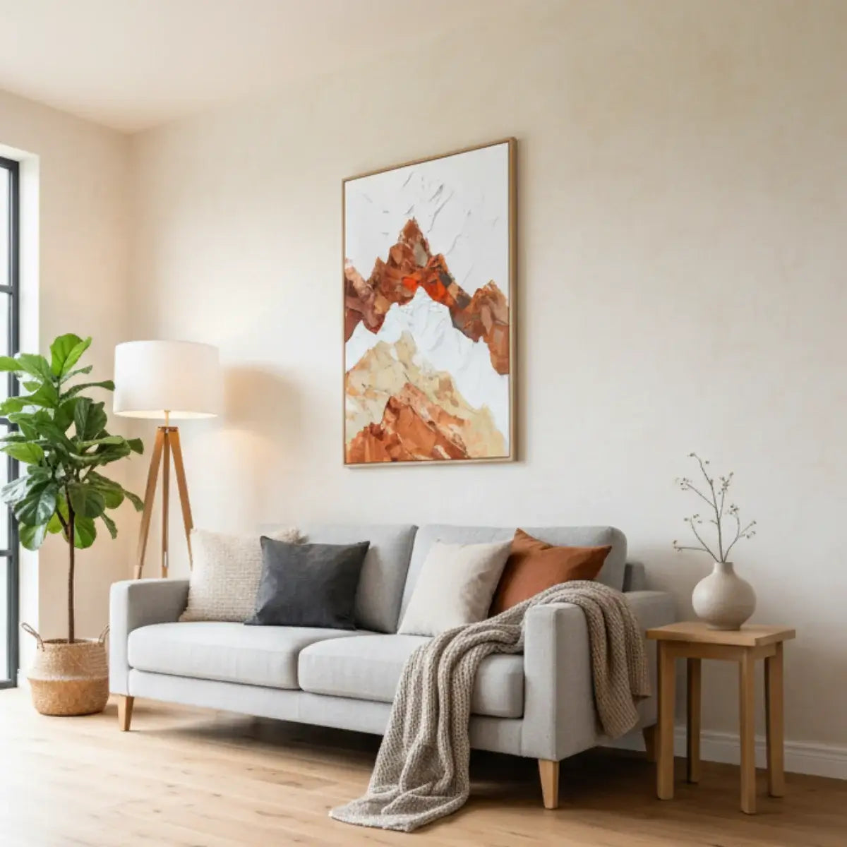 Living room with a gray sofa, abstract art, and decorative items.