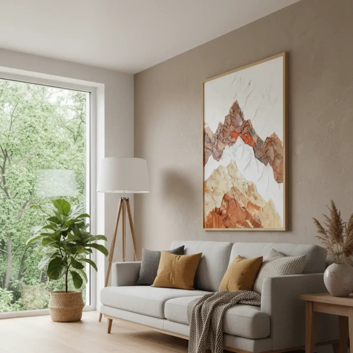 Modern living room with a gray sofa, abstract mountain painting, and large window.