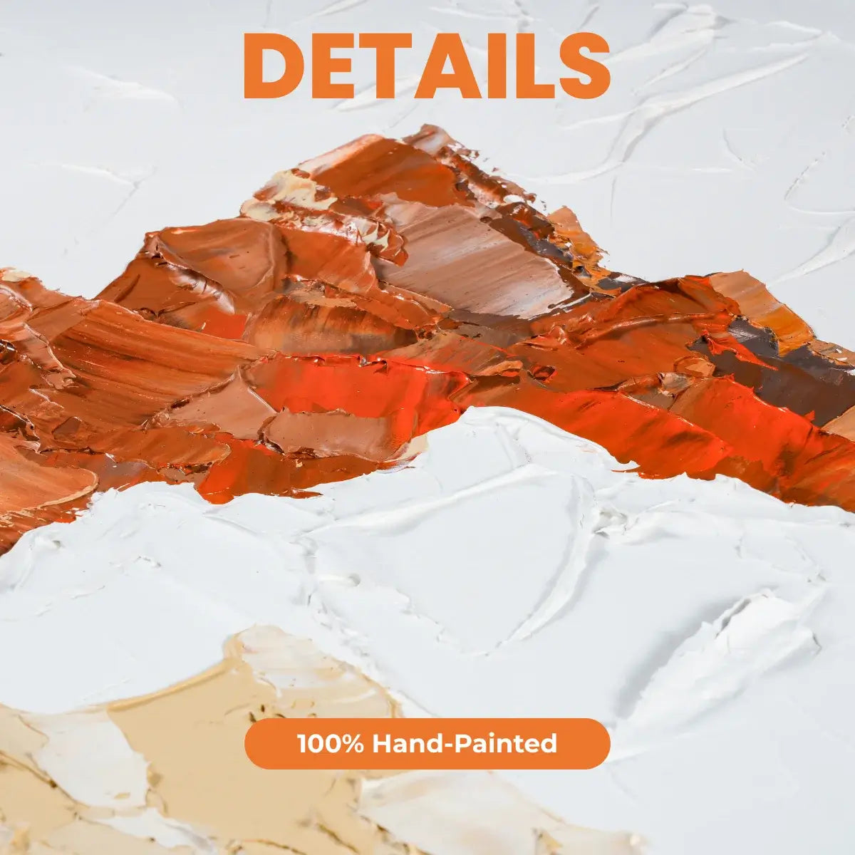 Hand-painted abstract art Details with text '100% Hand-Painted'