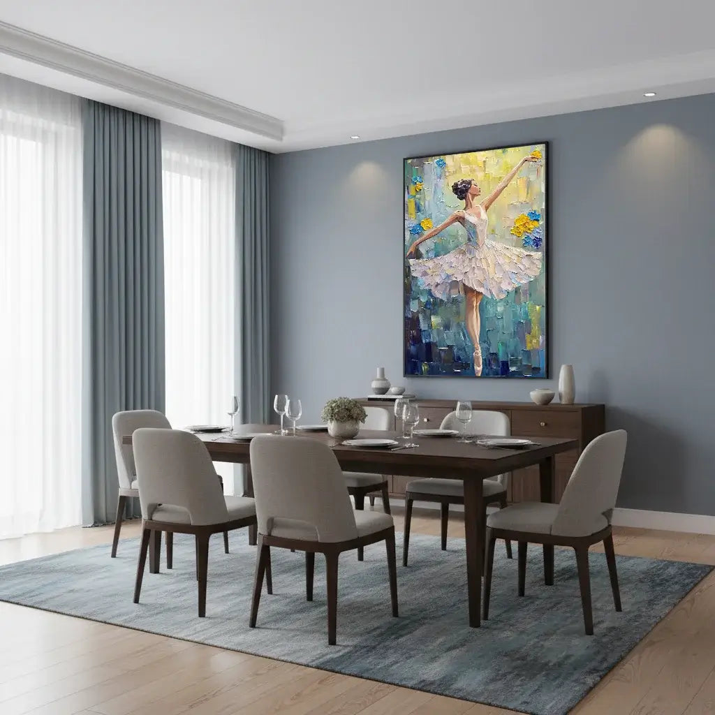 Dining room with a table and chairs, a large painting of a ballerina on the wall, and a blue rug.