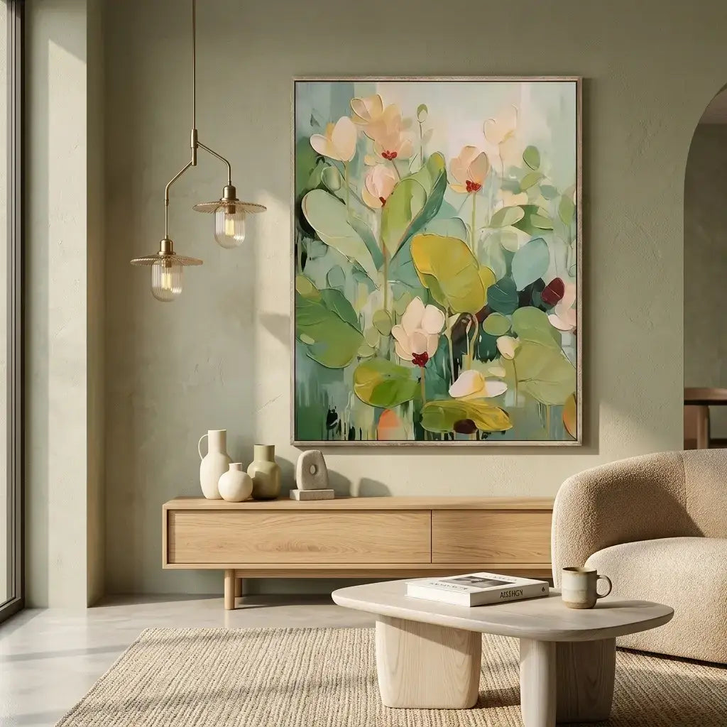 Modern living room with a floral painting, wooden cabinet, and beige armchair.