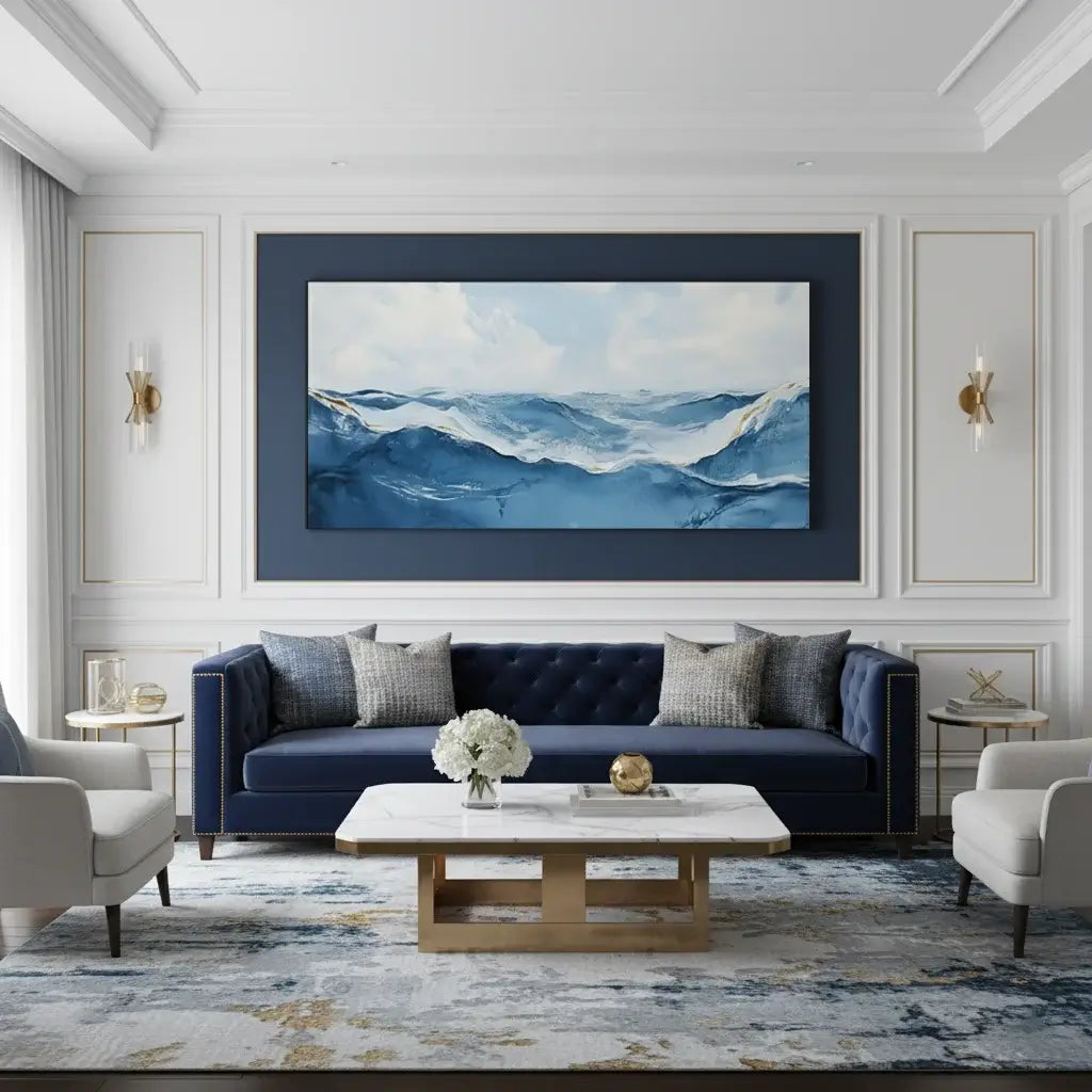Modern living room with a blue sofa, coffee table, and wall art of ocean.