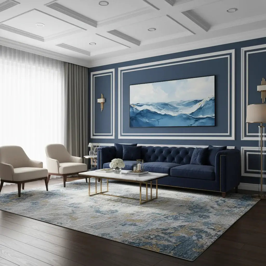 Modern living room with blue walls, a navy sofa, and decorative elements.