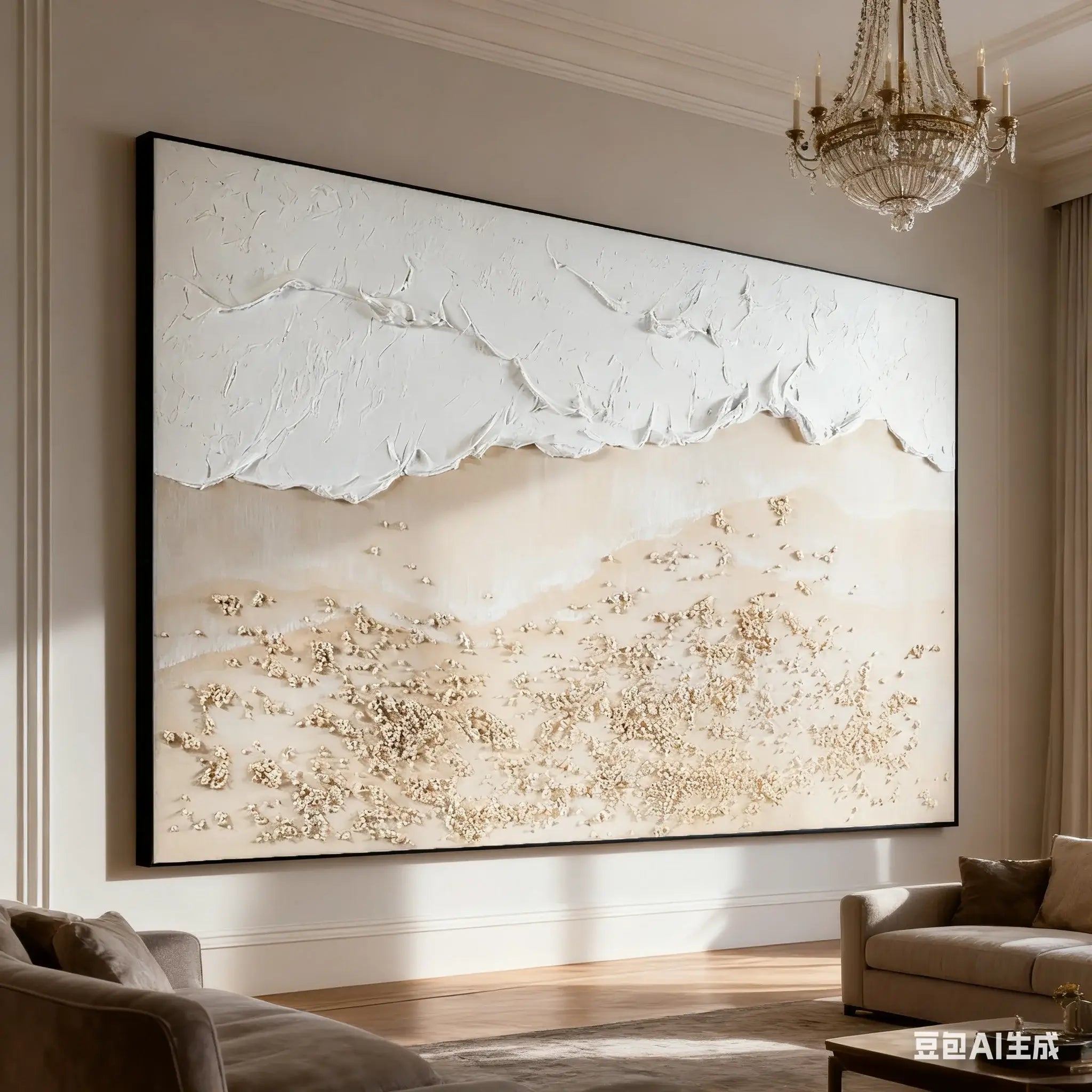 Large abstract painting in a living room with a chandelier above