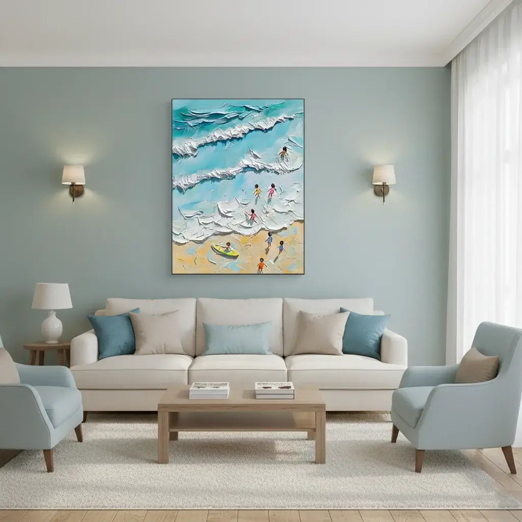 Living room with a beige sofa, two armchairs, a coffee table, and a beach-themed painting on the wall.