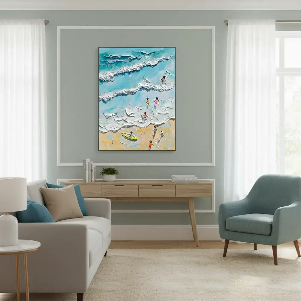 Living room with a beach-themed painting on the wall, light gray walls, and furniture.