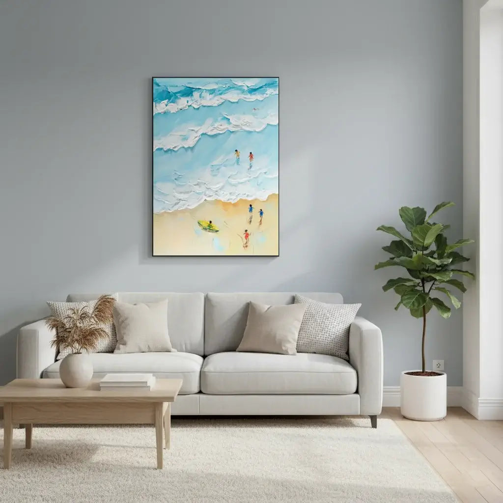 Living room with a gray sofa, coffee table, and beach-themed wall art.
