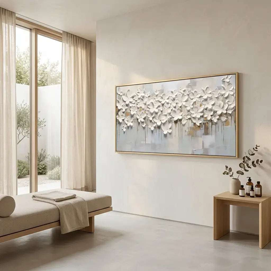 Modern living room with a large abstract painting on the wall, a bench, and a small table with decorative items.