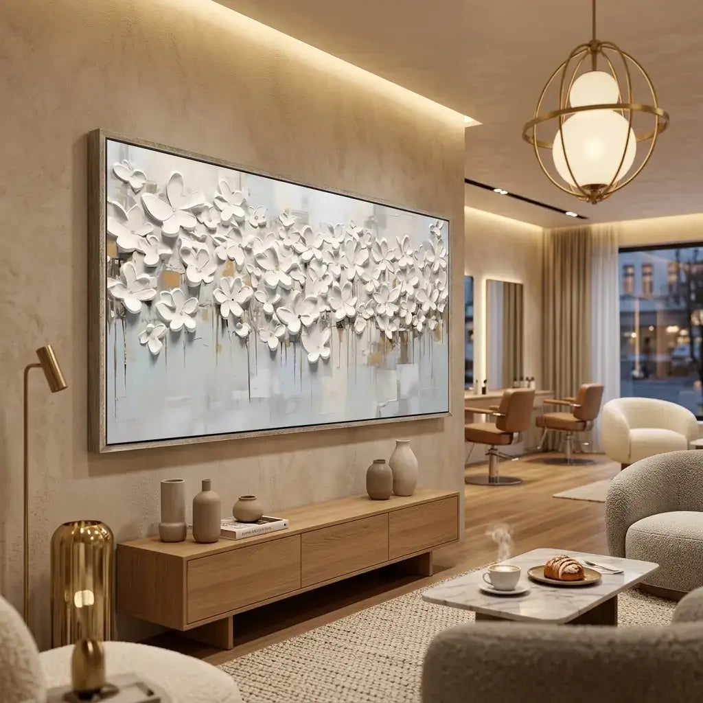 Modern living room with a large abstract painting on the wall, wooden cabinet, and decorative items.