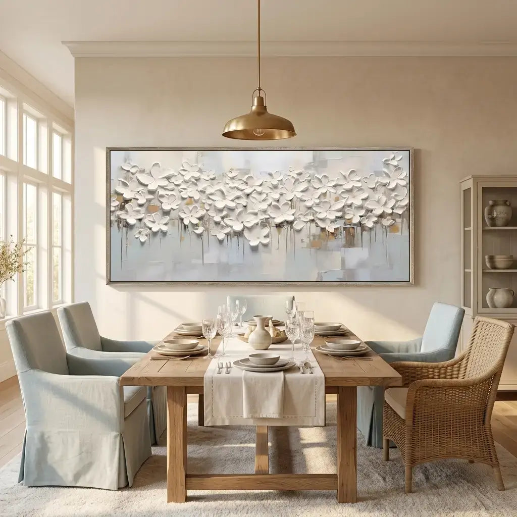 Dining room with a wooden table set for a meal, chairs, and a large abstract floral painting on the wall.