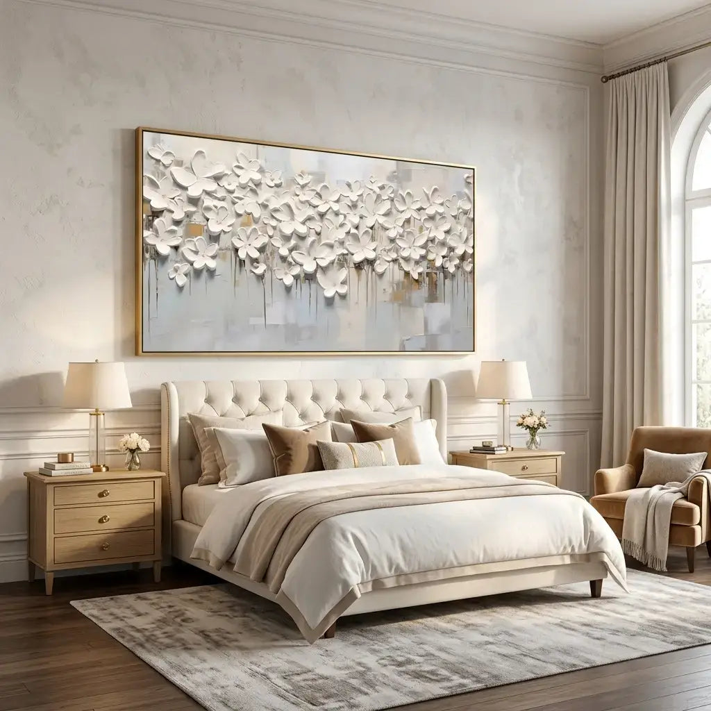 Neatly arranged bedroom with a large bed, side tables, and decorative wall art.