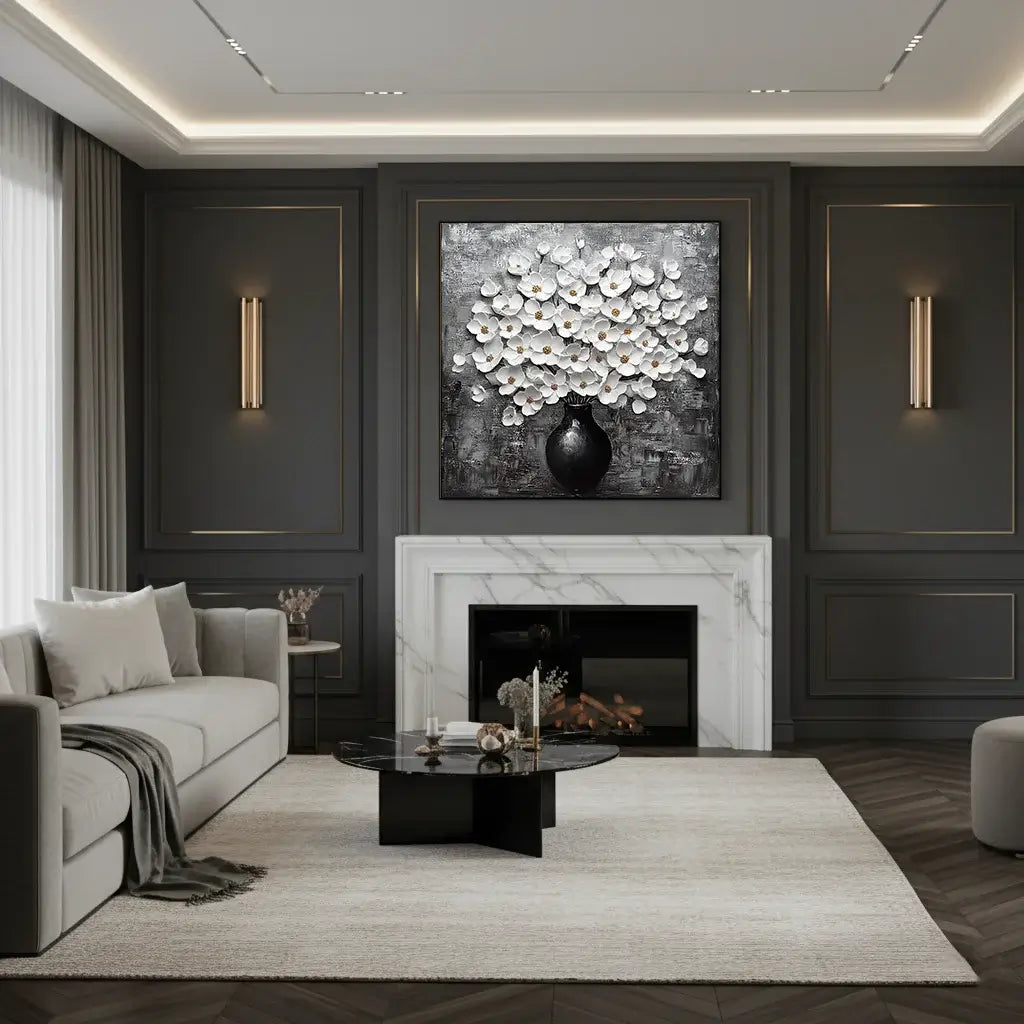 Modern living room with a fireplace, sofa, and decorative wall art.