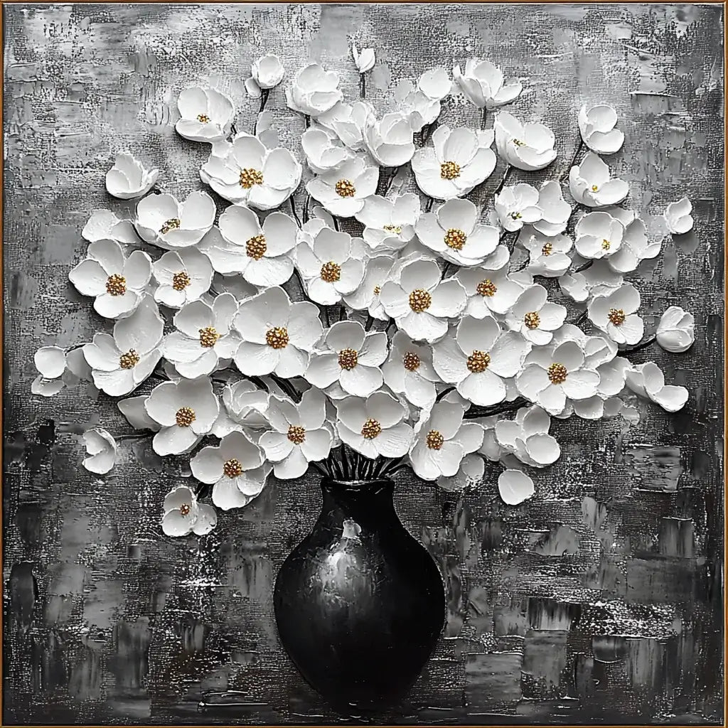 Artistic depiction of white flowers in a black vase on a textured gray background