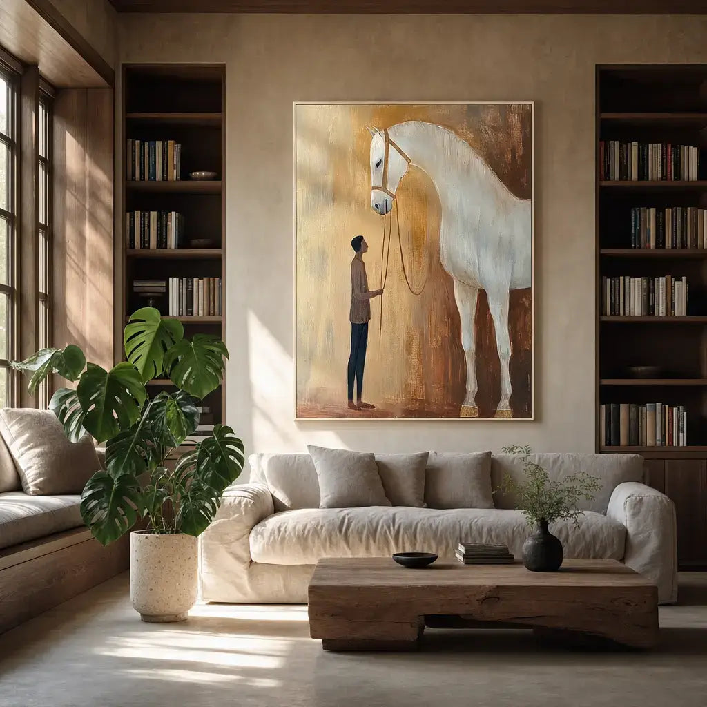 Minimalist Man with White Horse