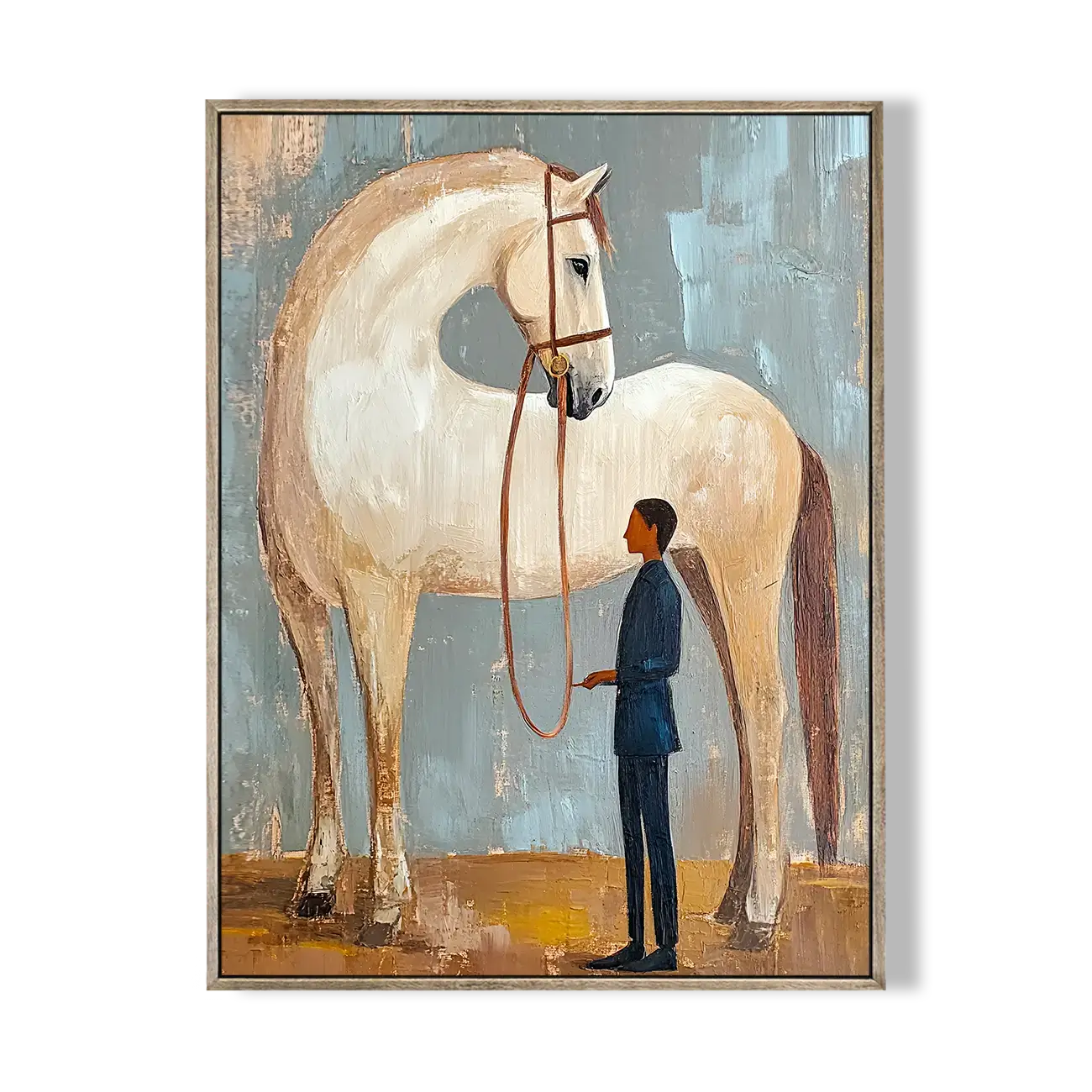 Framed artwork of a man standing next to a horse on a textured background