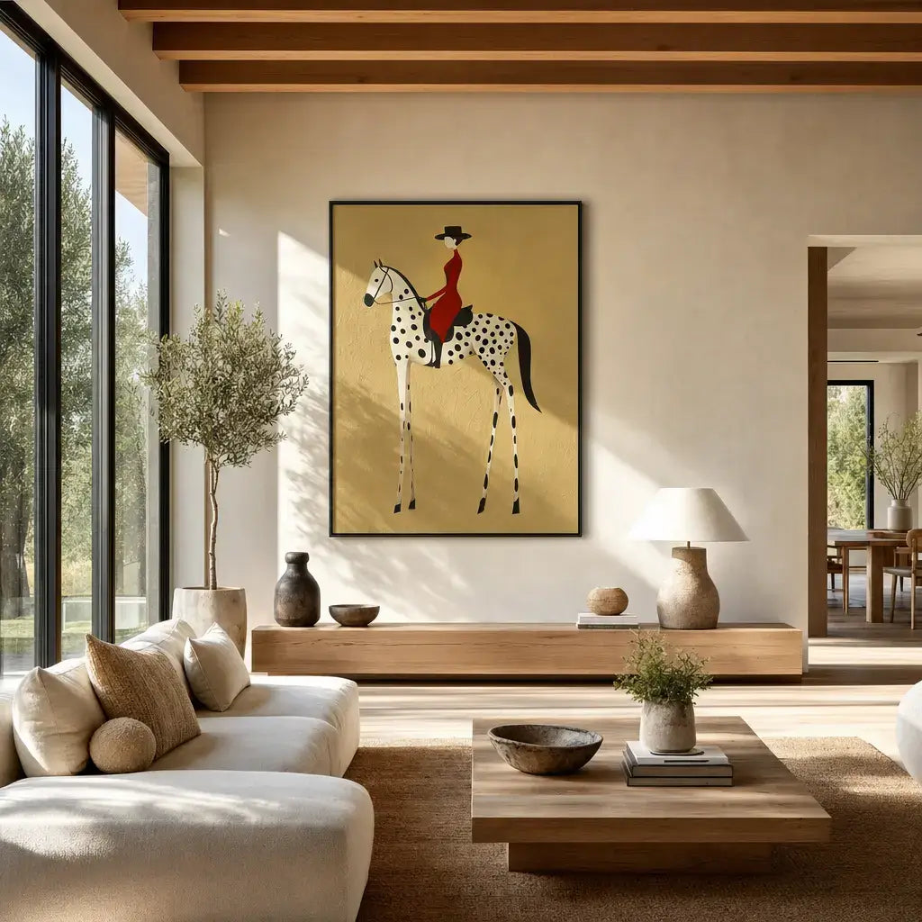 Woman in Red on Dalmatian Horse